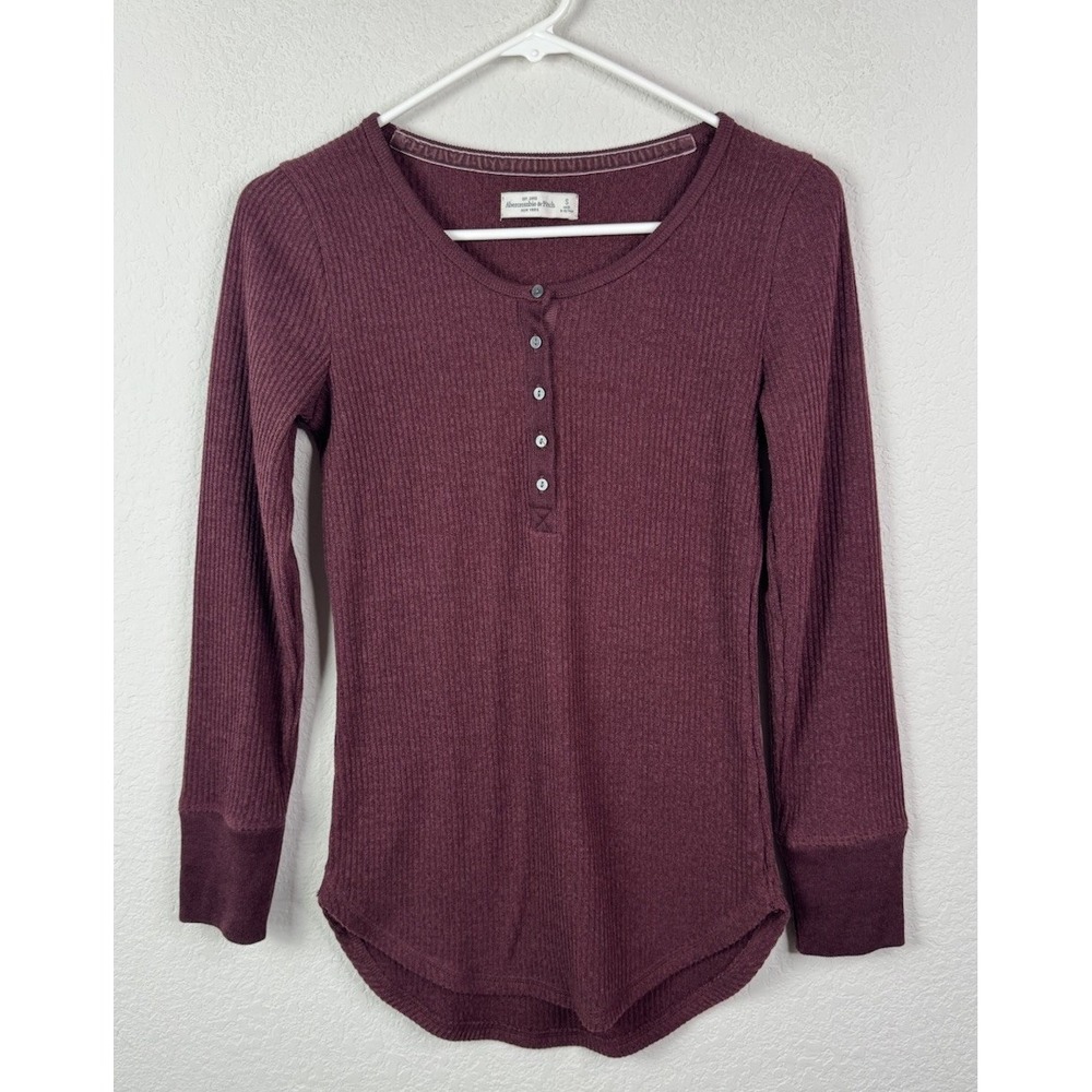 Abercrombie & Fitch Y2K Ribbed‎ Henley Top Burgundy Fitted Preppy Sz S Thermal